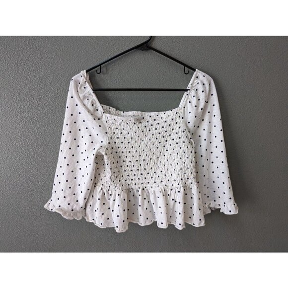 American Eagle Women's Smocked Boho Cottgecore Shirt Large Polka Dot Ruffle - Picture 2 of 4